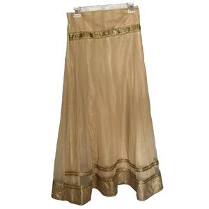 Formal Mesh Tulle Midi Tan Skirt Pleated Gold Metallic Trim Size 34